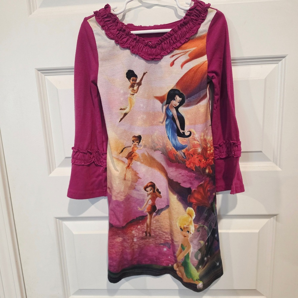Disney Store Fairies Tinkerbell Nightgown Girls XS 4 Magenta Ruffle Bell Sleeve